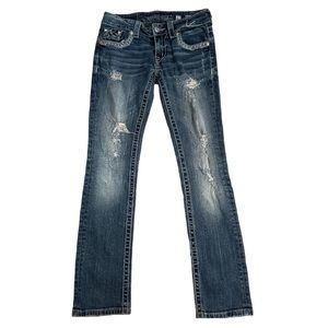 Miss Me Mid Rise Ripped Embellished Cuffed Straight Leg Jean